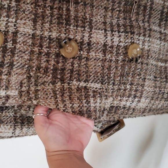 Betsey Johnson wool blend neutral boucle plaid midi double breasted coat w/ tie - Picture 6 of 12